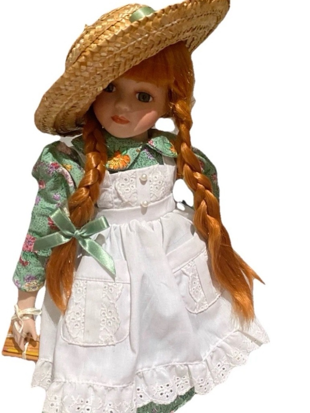 Anne of Green Gables Braided hair Doll in Green Floral Dress and White Apron